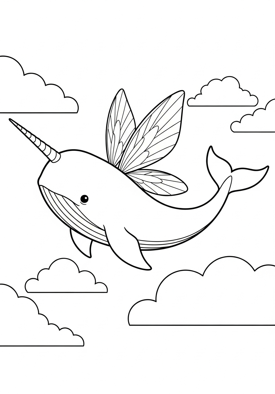 Narwhal Coloring Pages 9 Flying narwhal with fairy wings coloring page