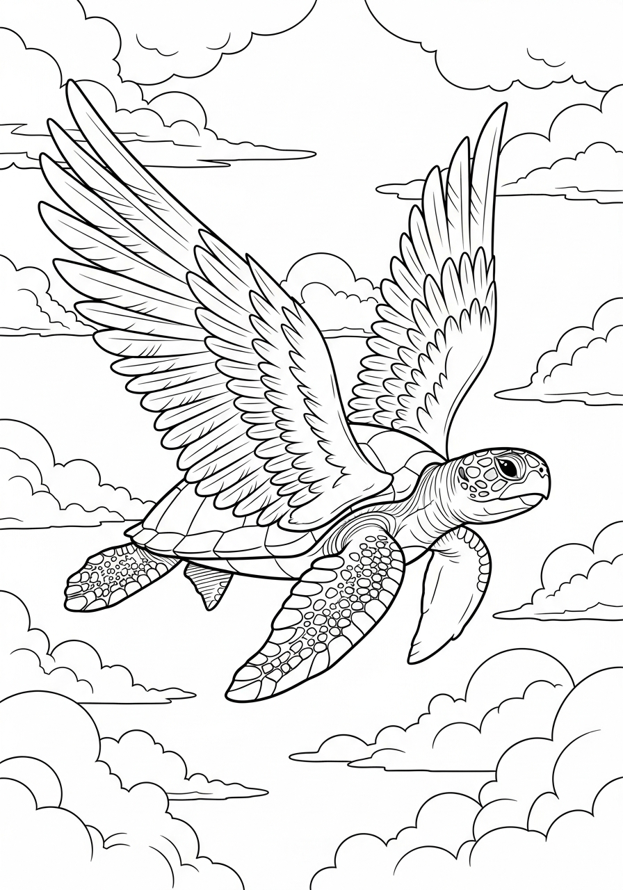 Flying turtle with bird wings coloring page