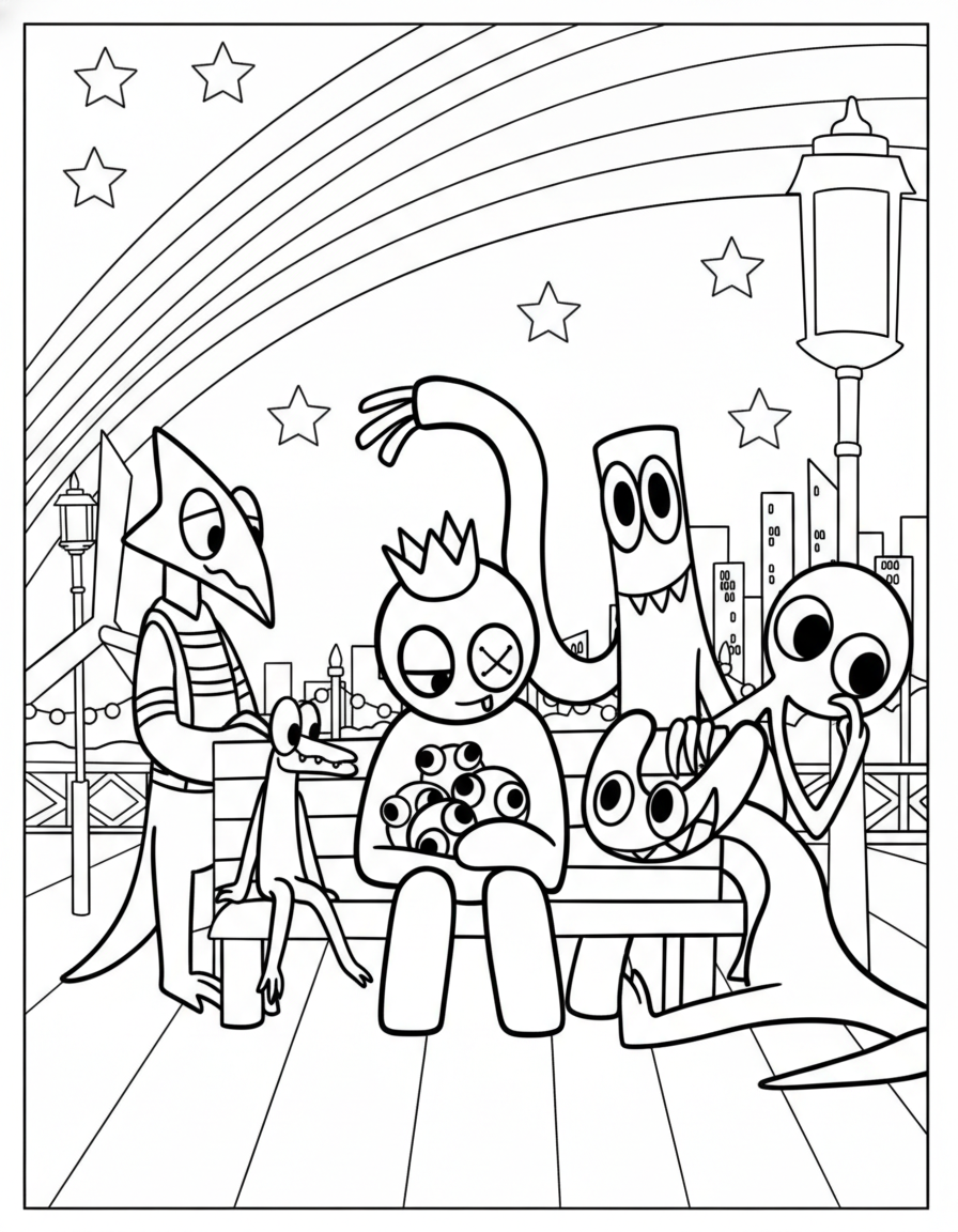 Rainbow Friends Coloring Pages 16 Friends watching babies on bench Rainbow Friends coloring page