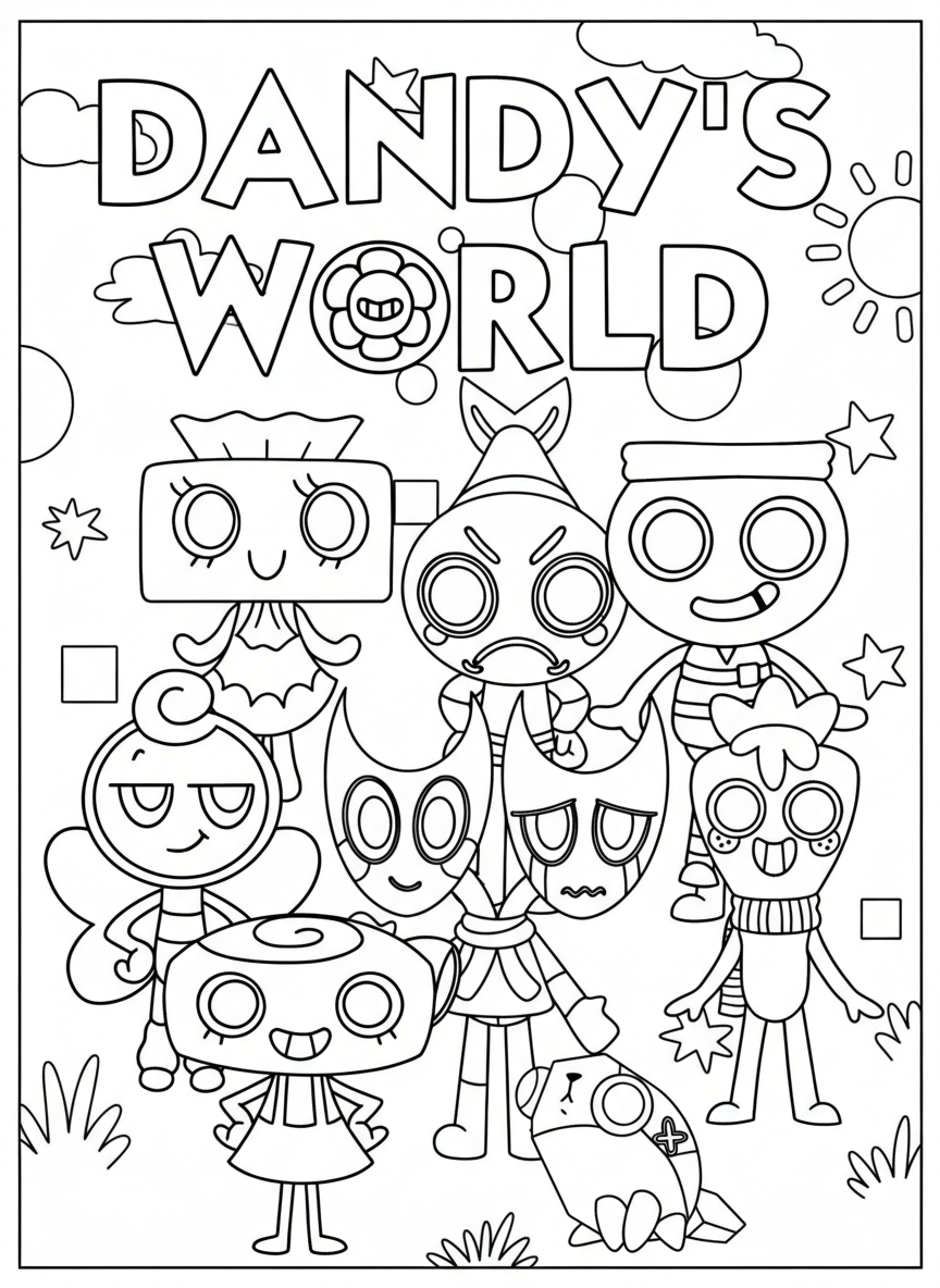 Full cast title poster Dandy’s World coloring page