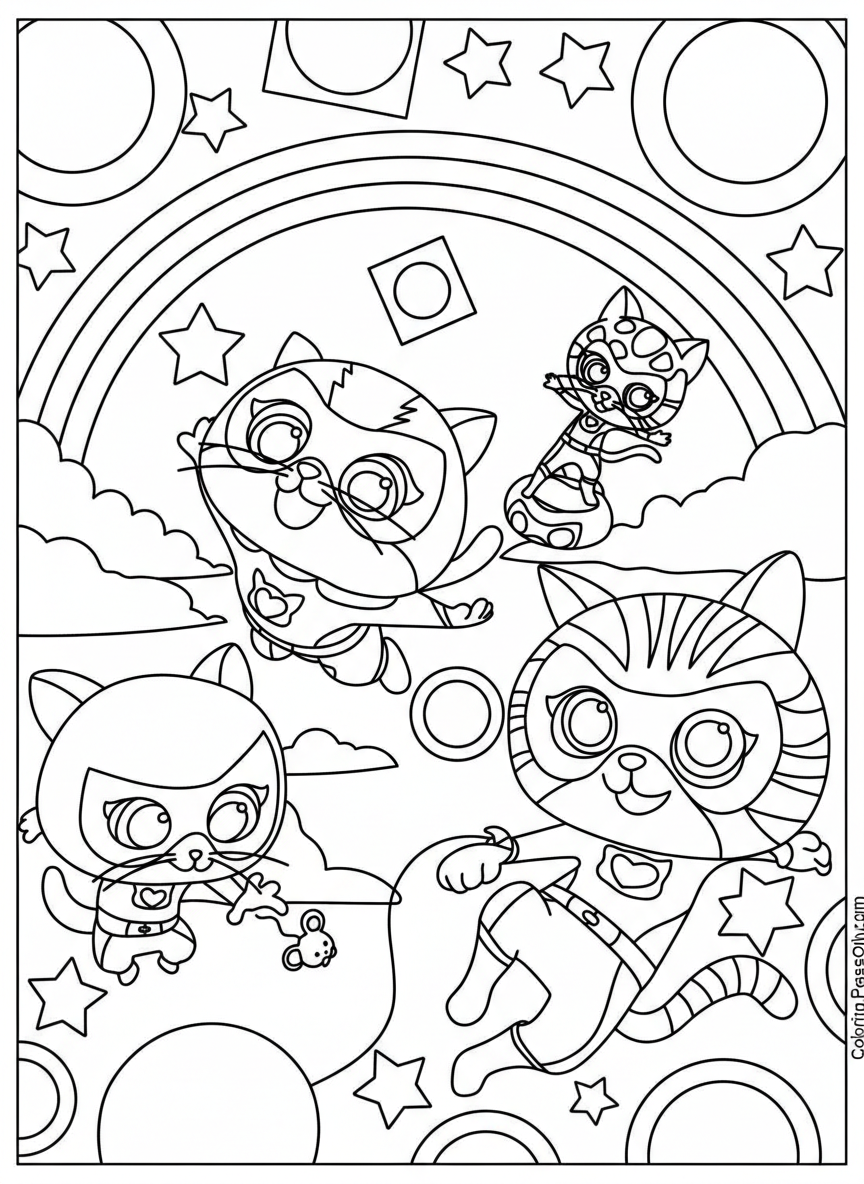 Full team flying rainbow SuperKitties coloring page