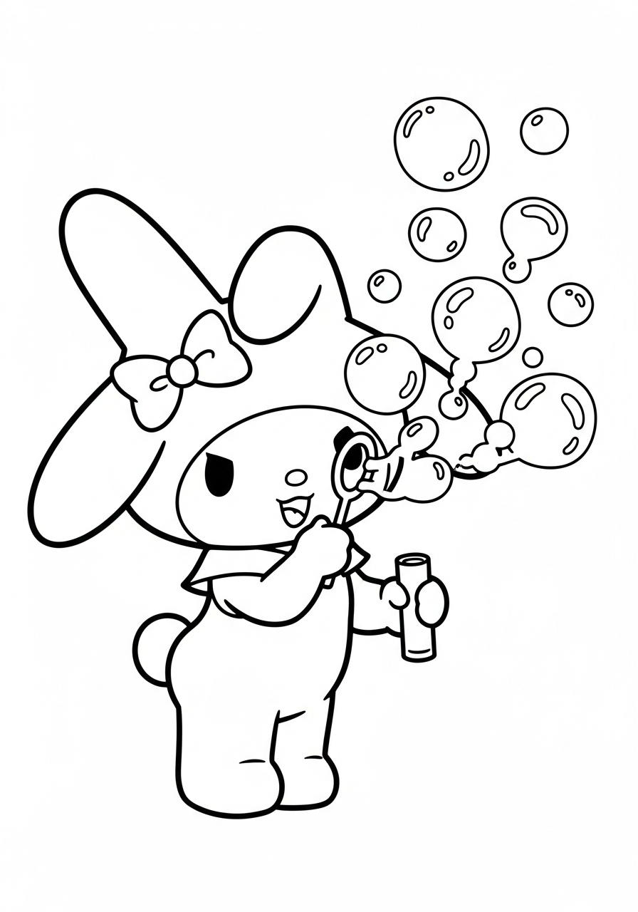 Fun My Melody blowing bubbles coloring page