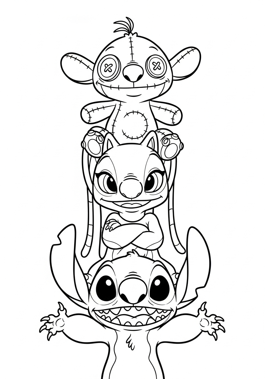Funny Stitch and Angel totem coloring page