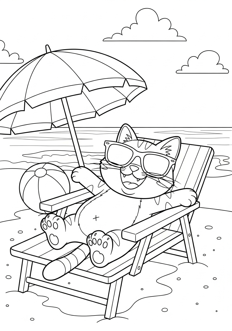 Funny cat sunbathing on beach coloring page