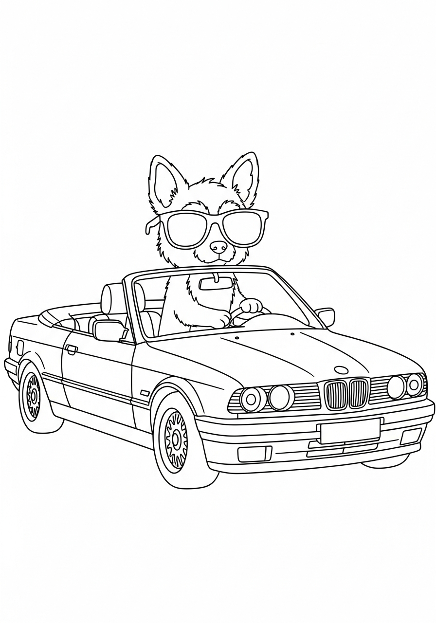 Funny dog driving BMW car coloring page