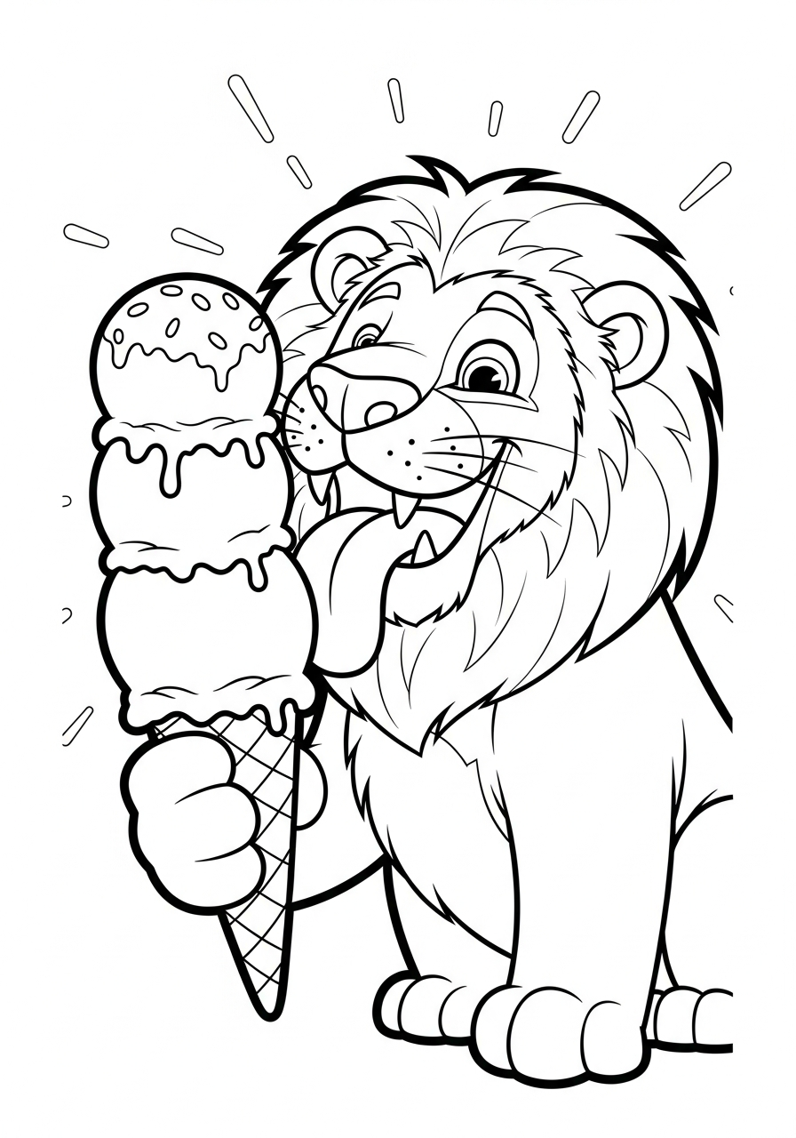 Funny lion eating ice cream coloring page