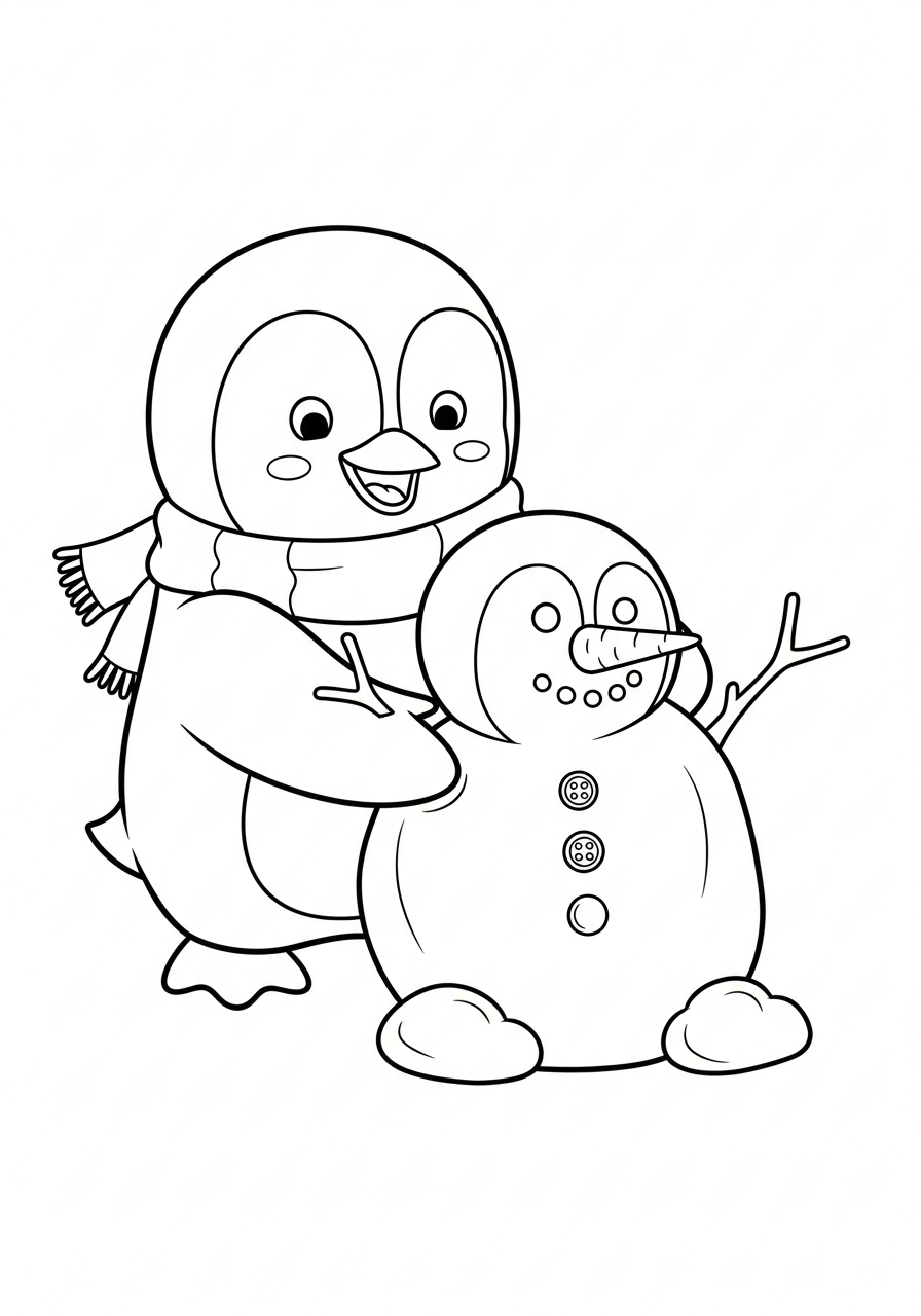 Funny penguin building a snowman coloring page