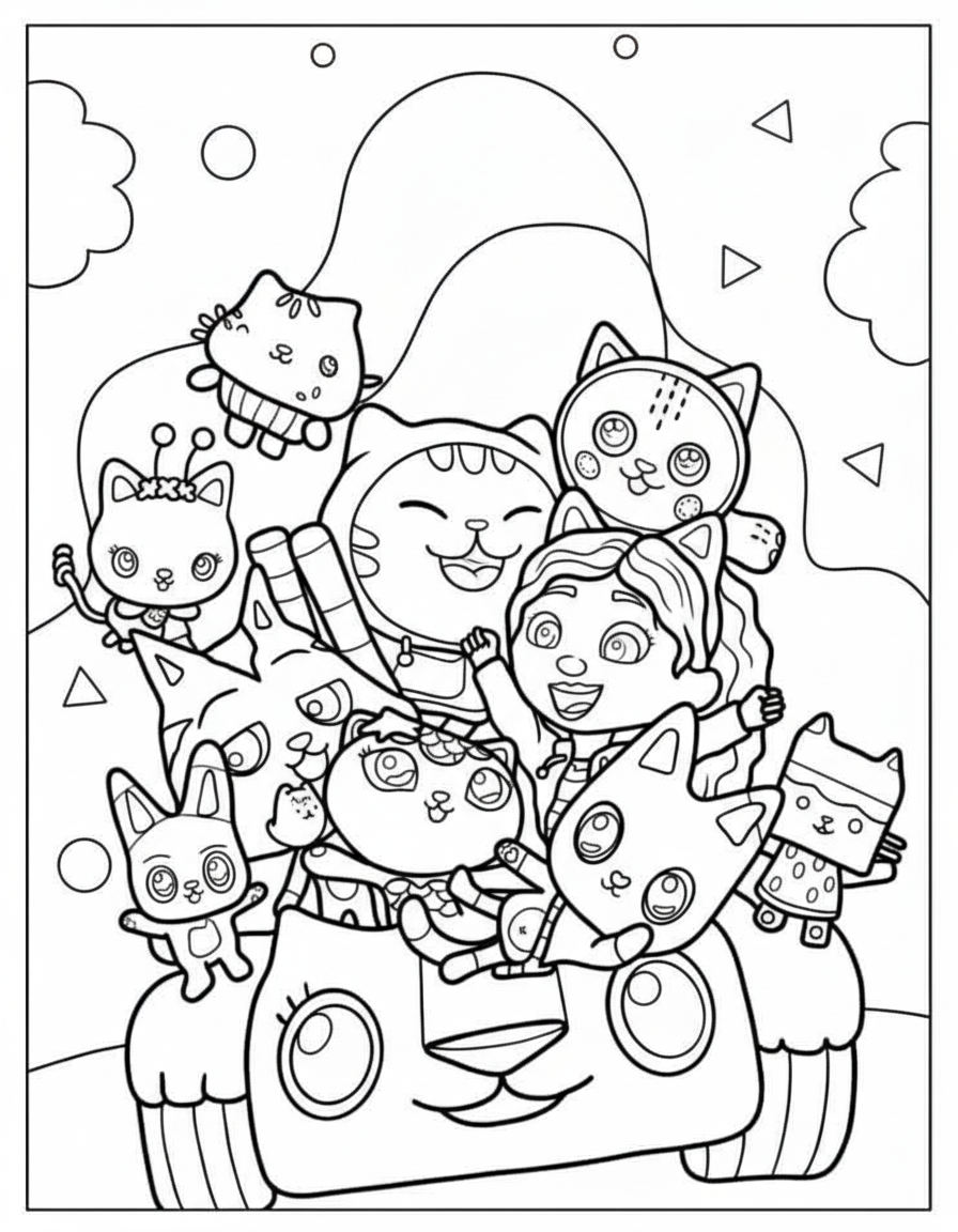 Gabby And Cat Friends Riding In Carlita – Gabby’s Dollhouse Coloring Page