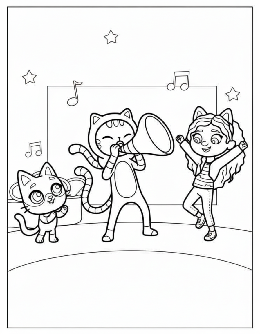 Gabby Dancing With Pandy Andn DJ Catnip – Gabby’s Dollhouse Coloring Page