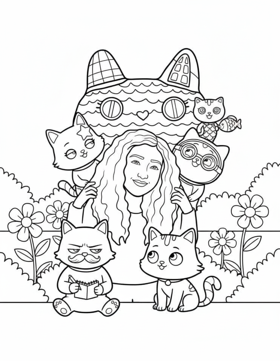 Gabby With Cartoon Cat Friends – Gabby’s Dollhouse Coloring Page