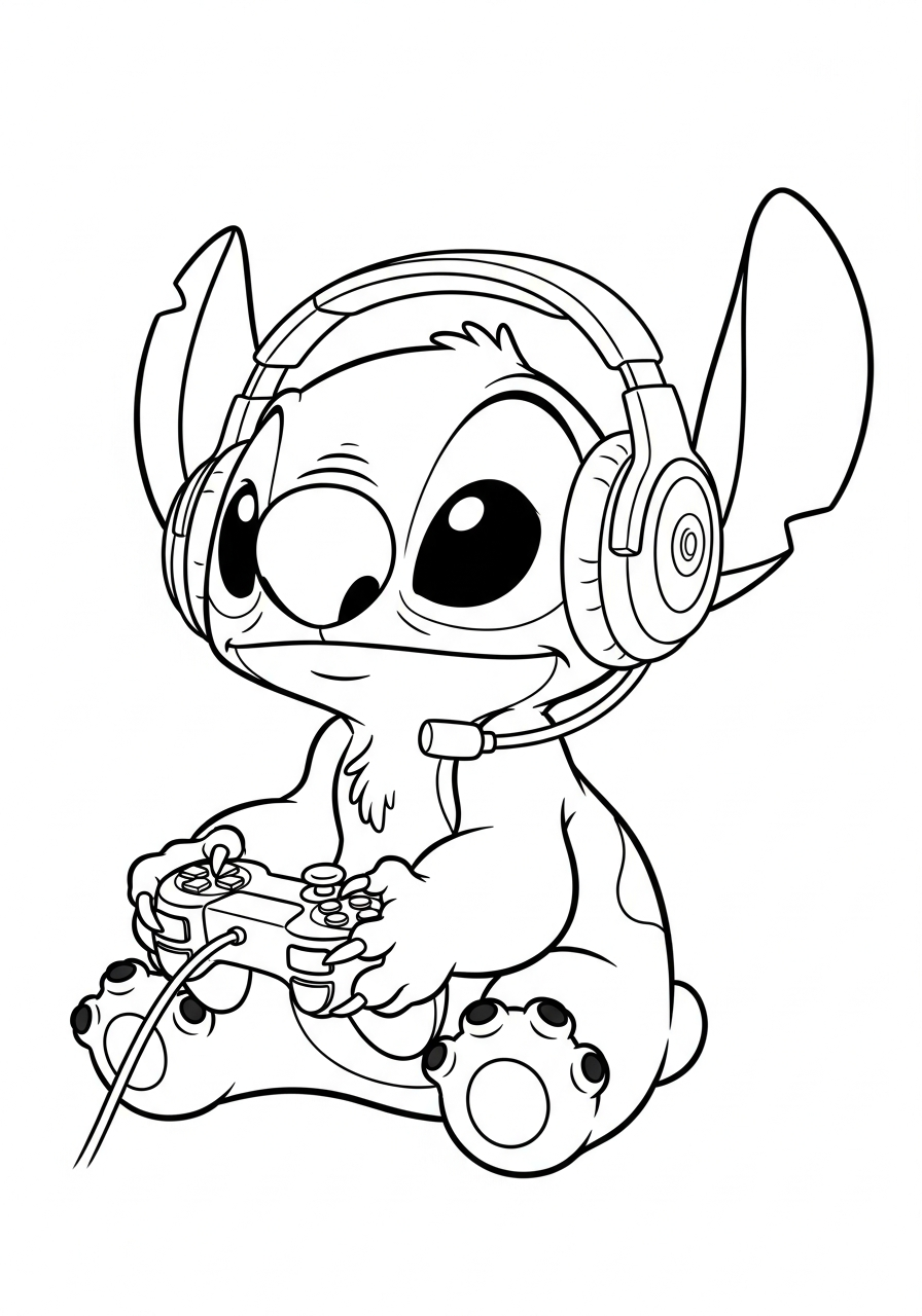 Gamer Stitch holding controller coloring page