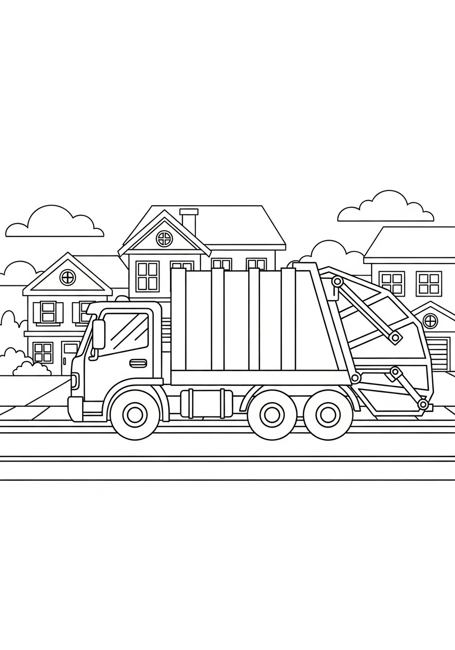 Garbage Truck Coloring Pages 17 Garbage truck on suburban street coloring page