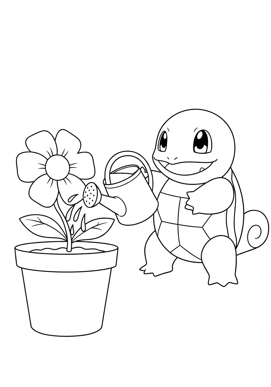 Gardening Squirtle watering flowers coloring page
