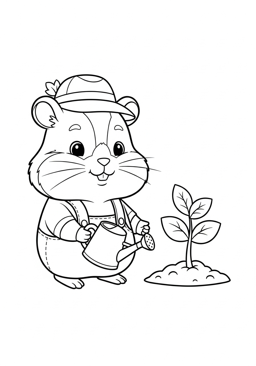 Gardening hamster with watering can coloring page