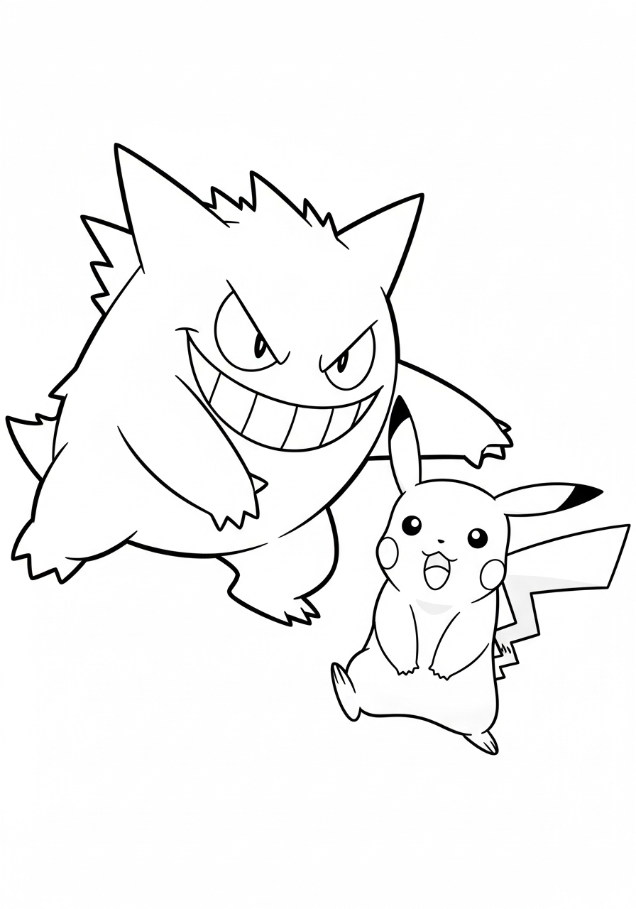 Gengar Coloring Pages 15 Gengar scaring surprised Pikachu coloring page