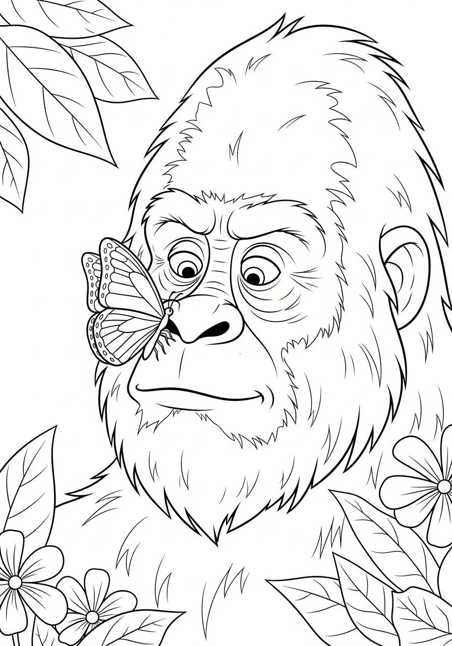 Bigfoot Coloring Pages 18 Gentle bigfoot looking at butterfly coloring page