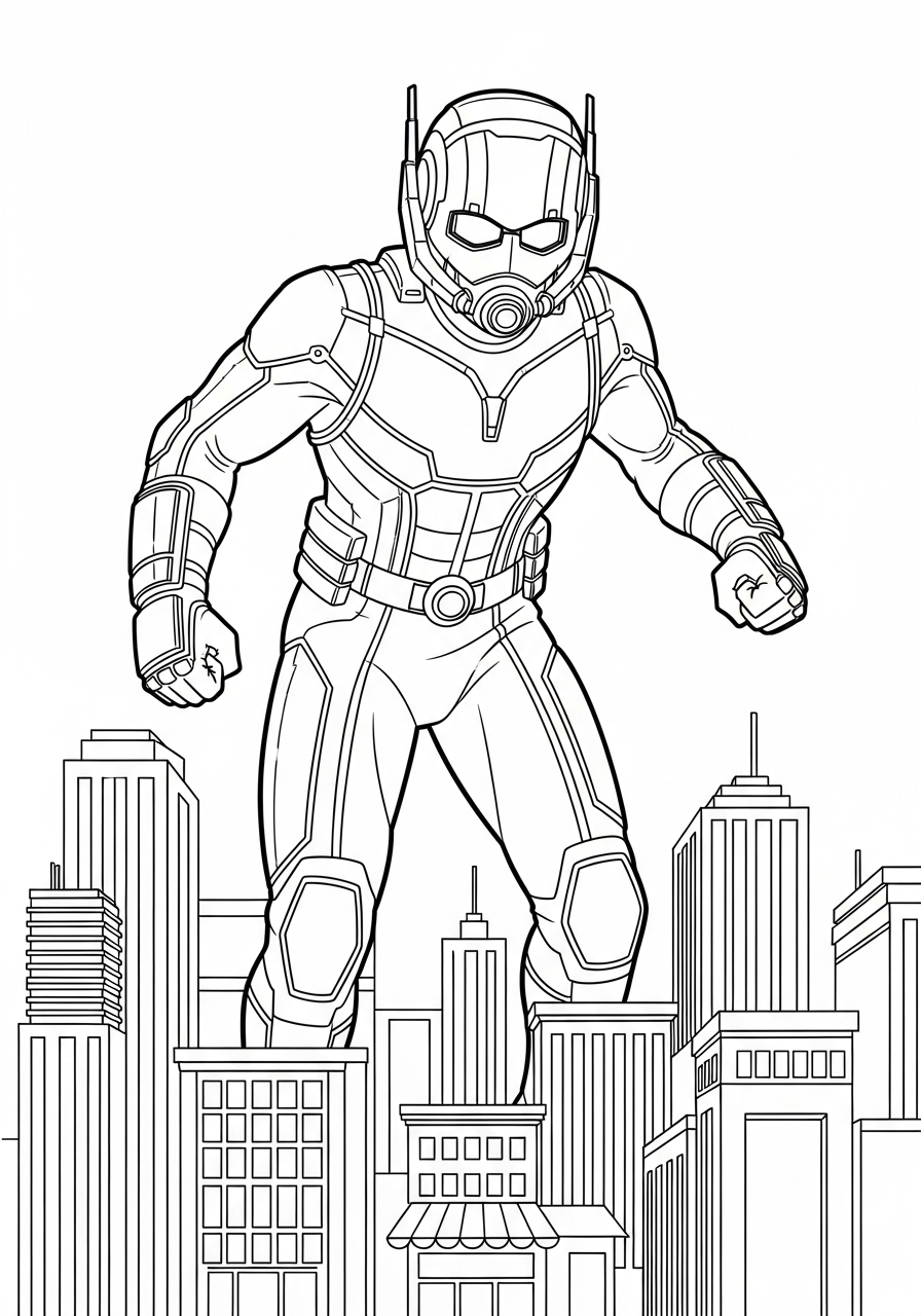 Giant Ant Man walking in city coloring page