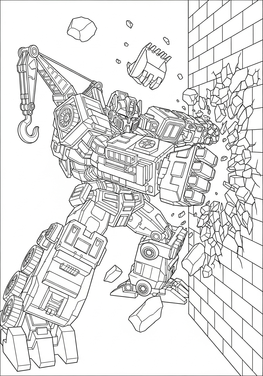 Giant devastator robot smashing wall coloring page