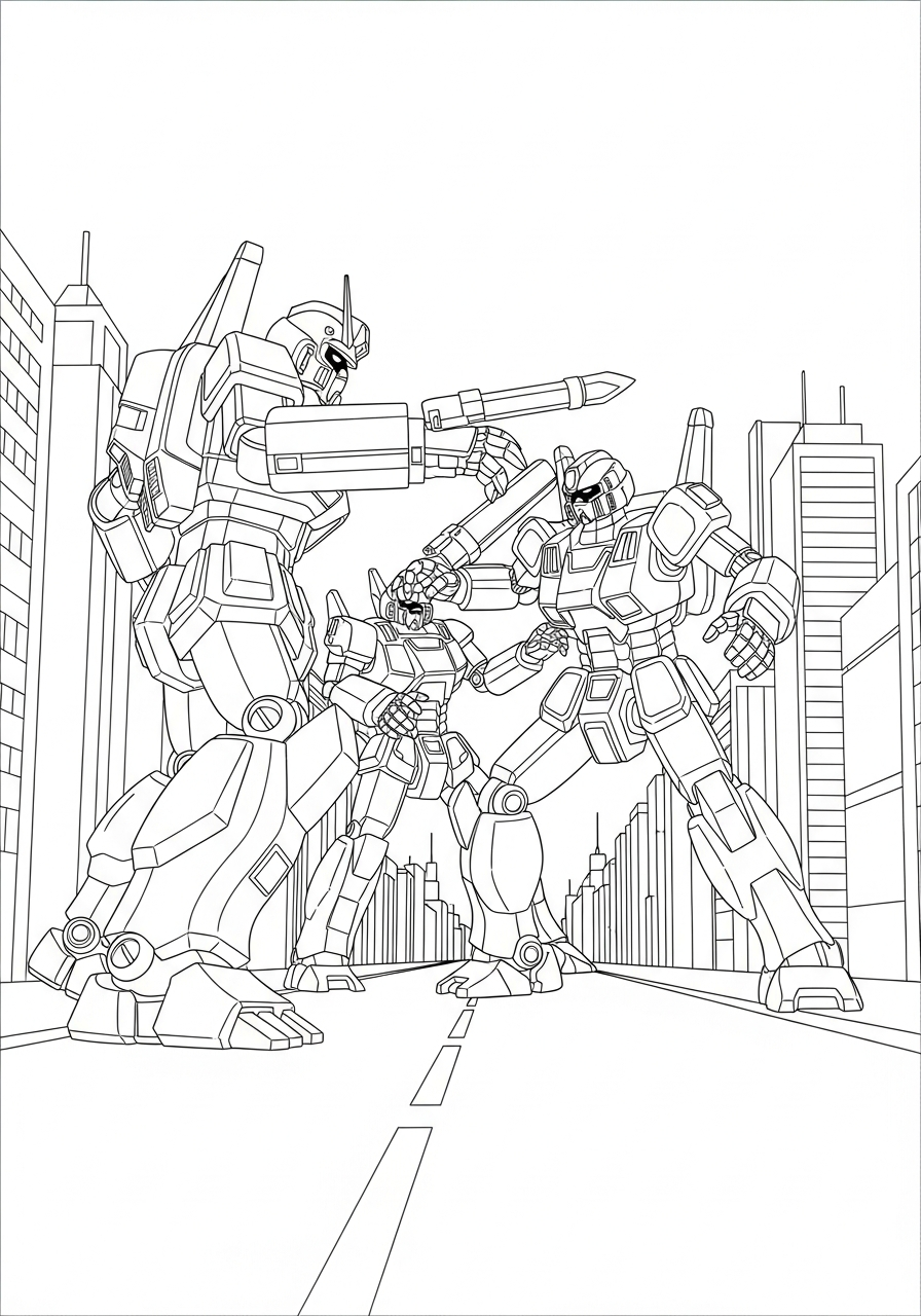 Giant robots fighting in city coloring page