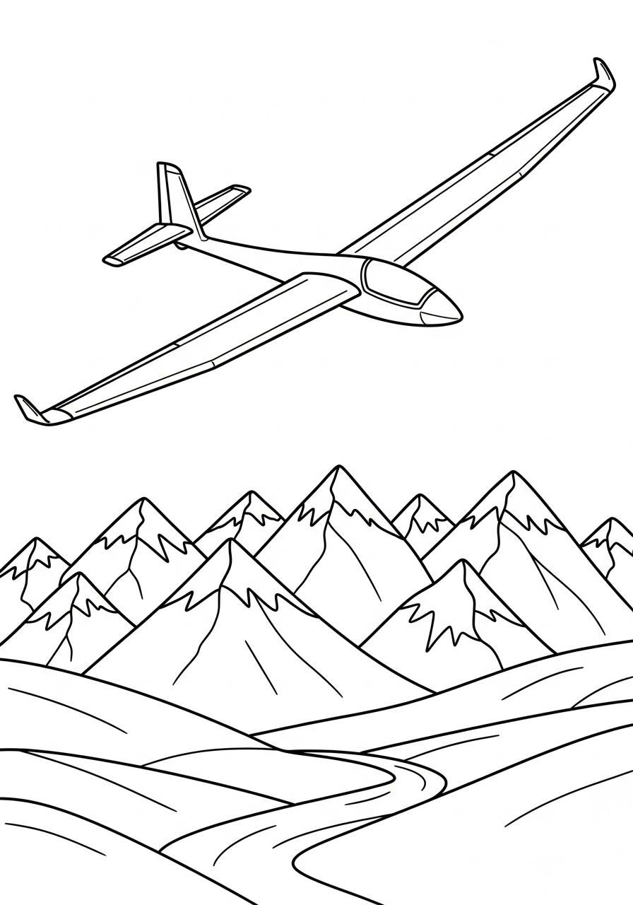 Airplane Coloring Pages 19 Glider plane soaring over mountains coloring page