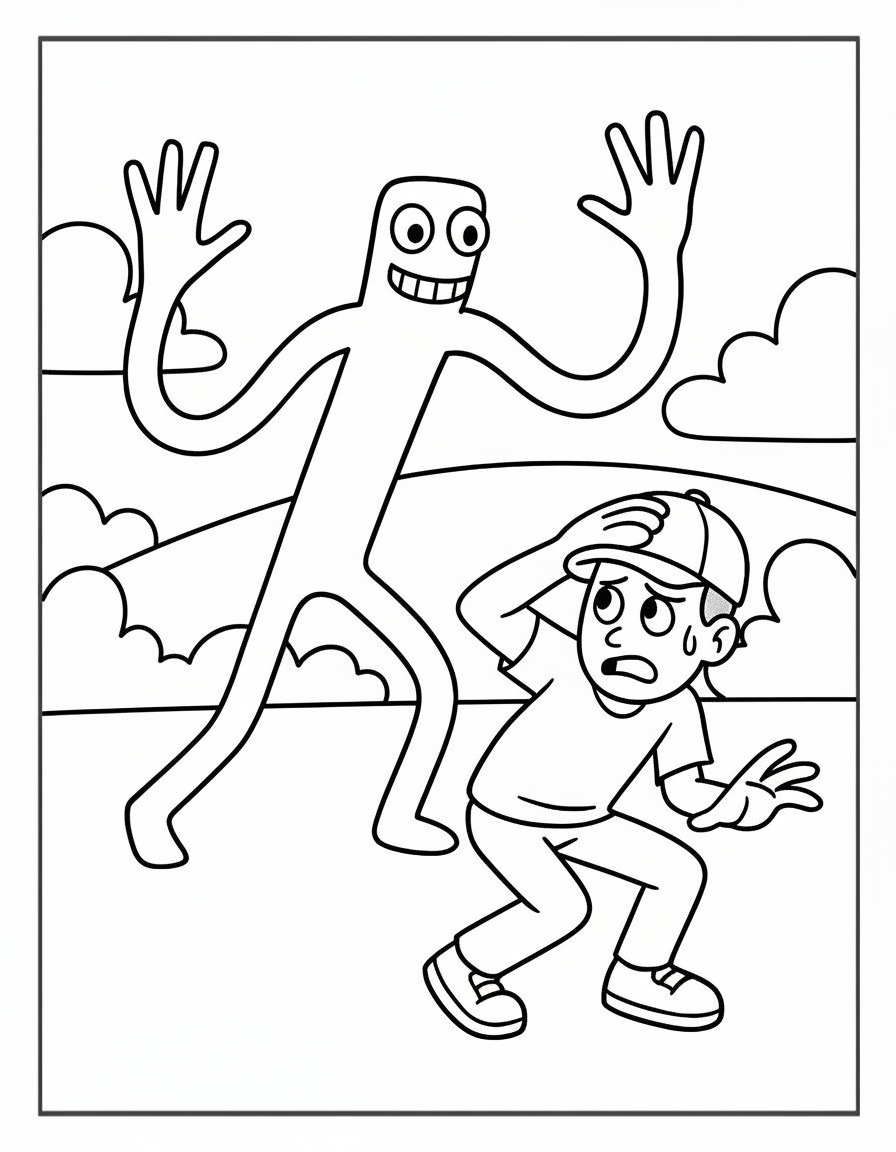 Rainbow Friends Coloring Pages 18 Green chasing scared player Rainbow Friends coloring page