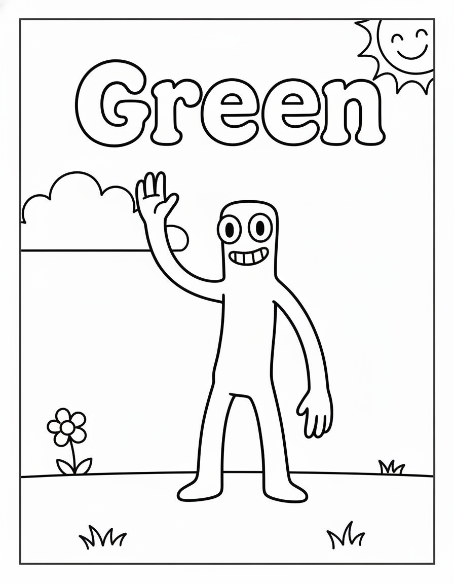 Rainbow Friends Coloring Pages 19 Green waving hello Rainbow Friends coloring page