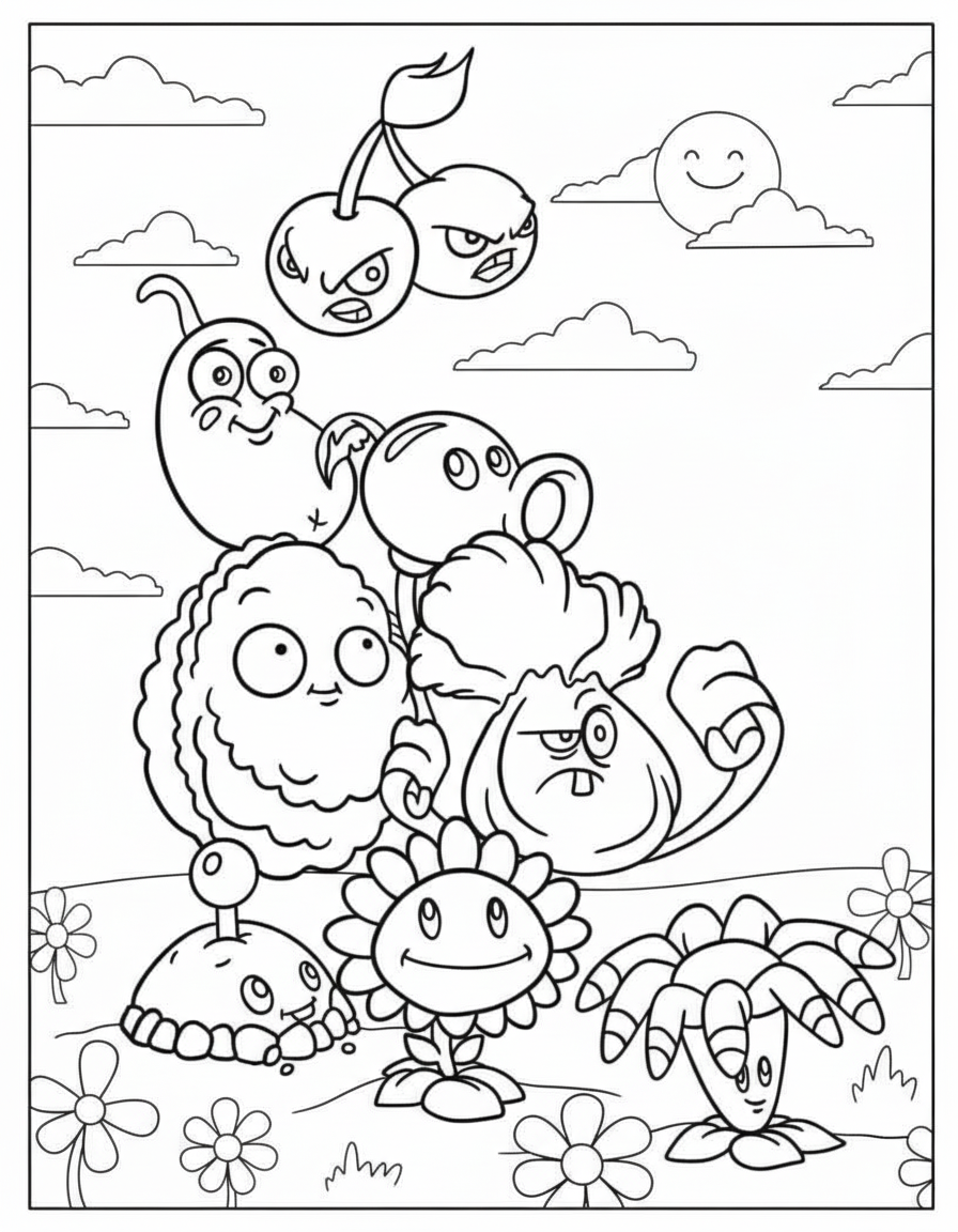 Group of Plants vs Zombies coloring page