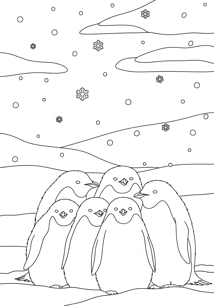 Group of penguins huddled together coloring page
