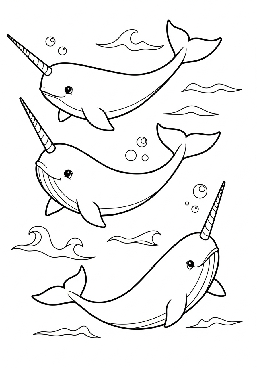 Narwhal Coloring Pages 11 Group of three narwhals swimming coloring page