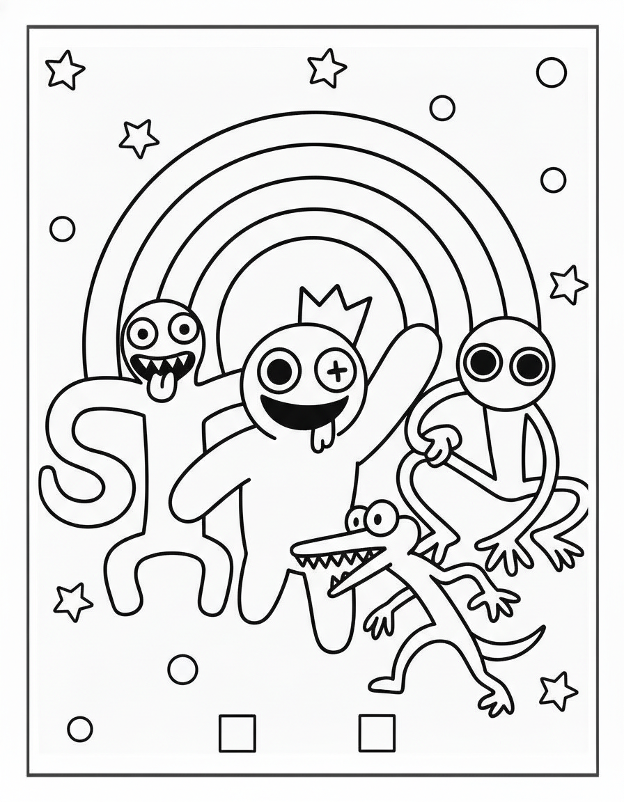 Rainbow Friends Coloring Pages 21 Group standing under rainbow arch Rainbow Friends coloring page