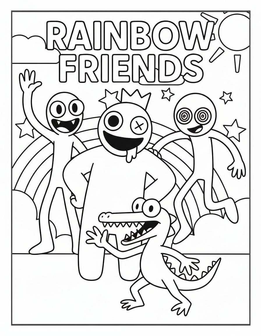Rainbow Friends Coloring Pages 22 Group under logo text Rainbow Friends coloring page