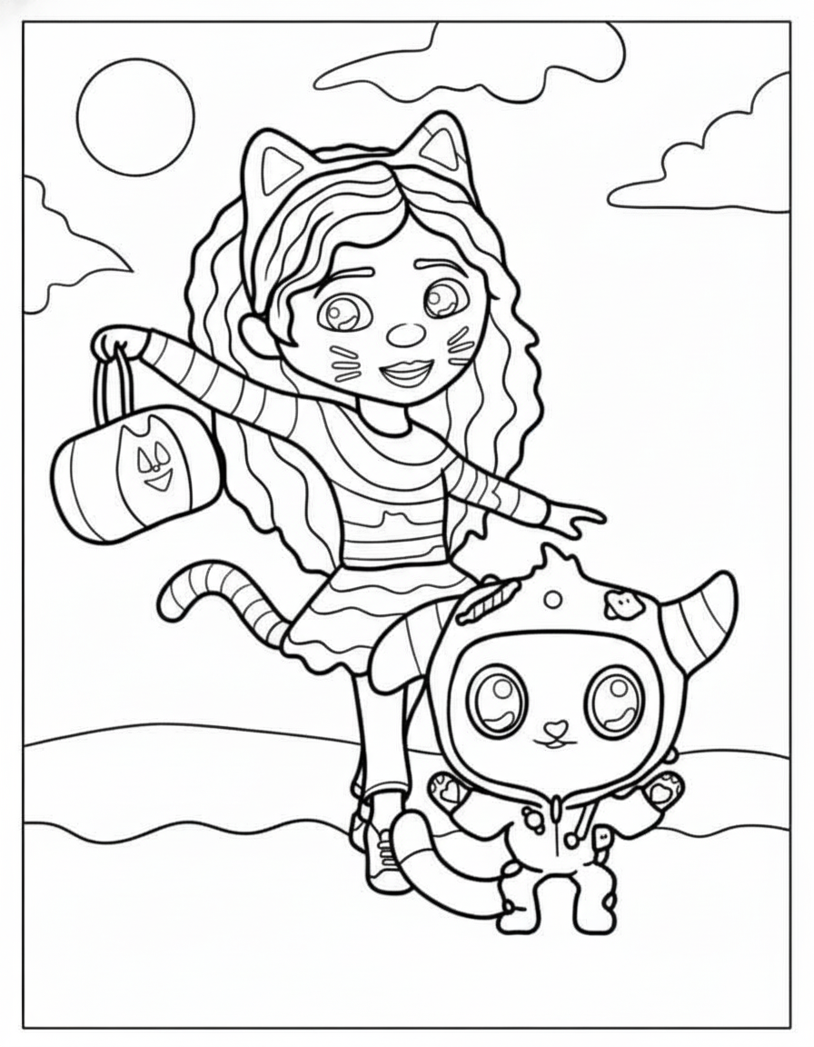 Halloween Gabby And Pandy Trick or Treating – Gabby’s Dollhouse Coloring Page