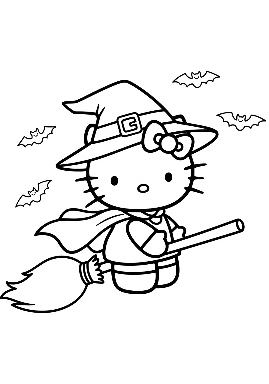 Halloween witch Hello Kitty on broom coloring page