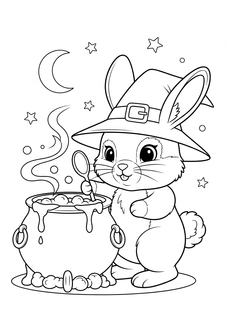 Halloween witch bunny with cauldron coloring page