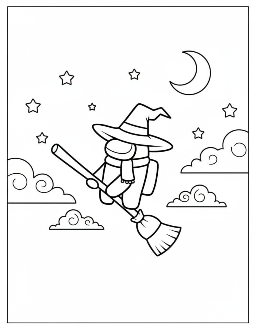 Halloween witch riding broom Among Us coloring page