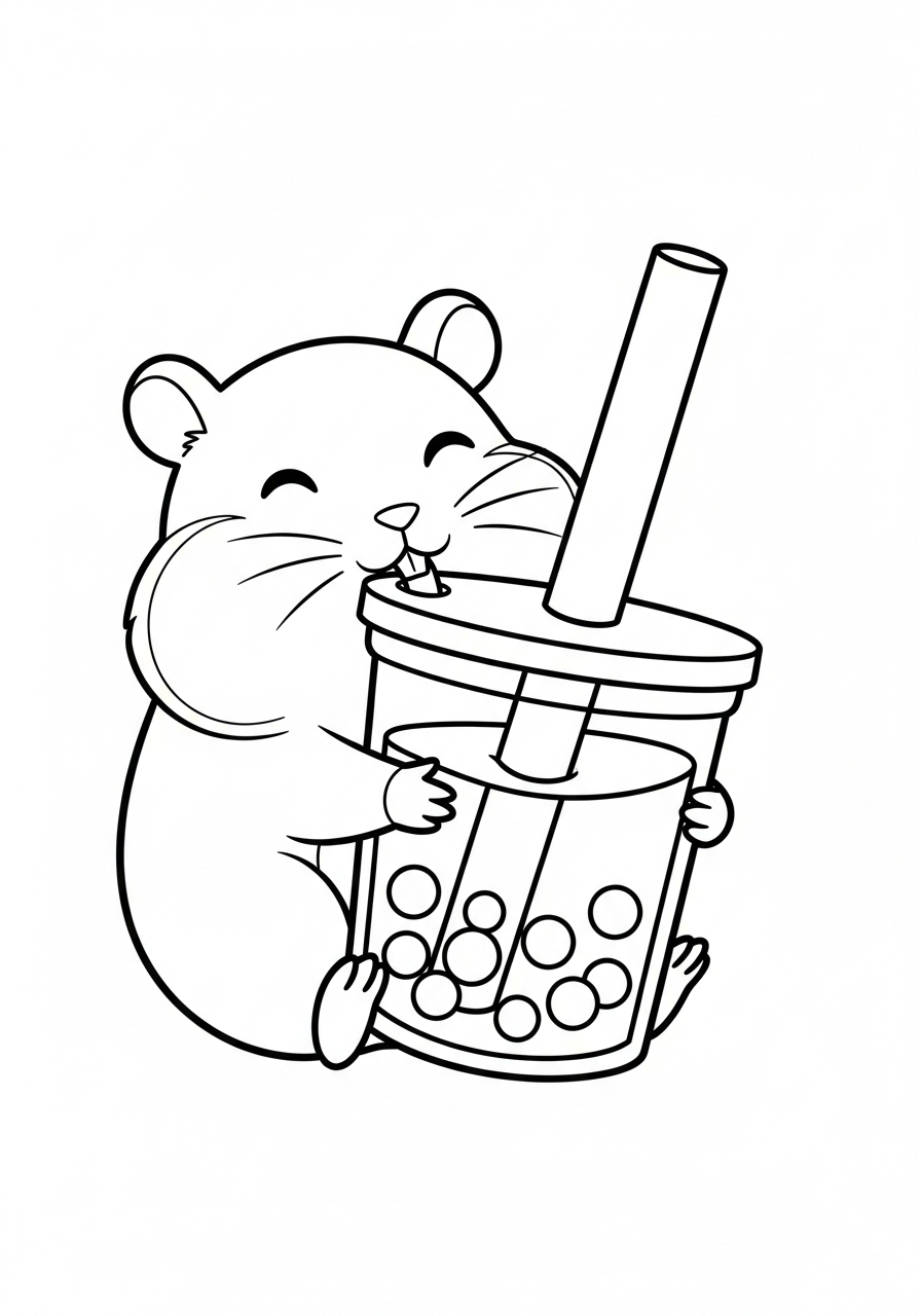Hamster drinking bubble tea cup coloring page