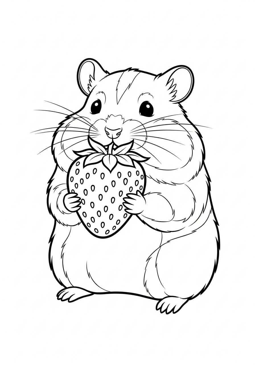 Hamster eating fresh red strawberry coloring page