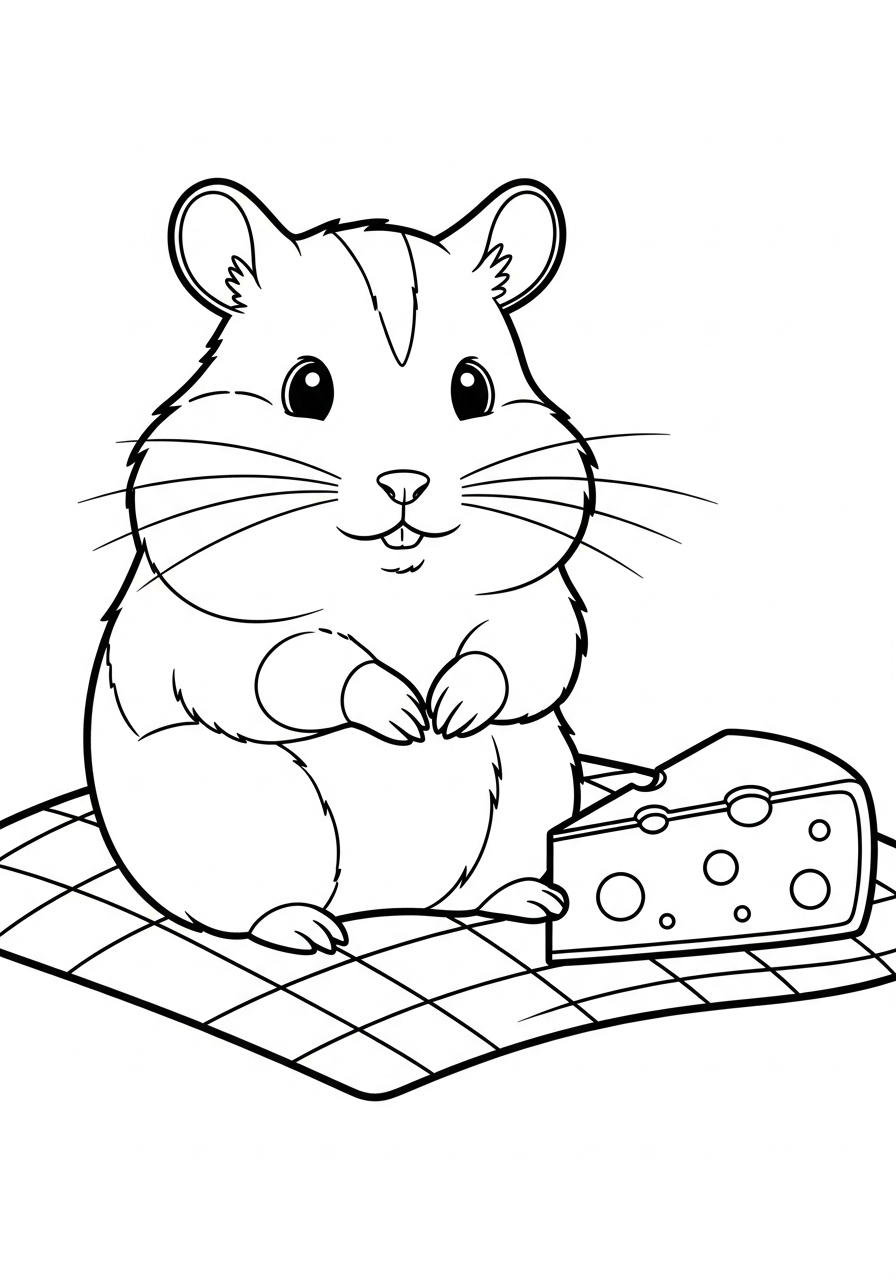 Hamster having cheese picnic outdoors coloring page