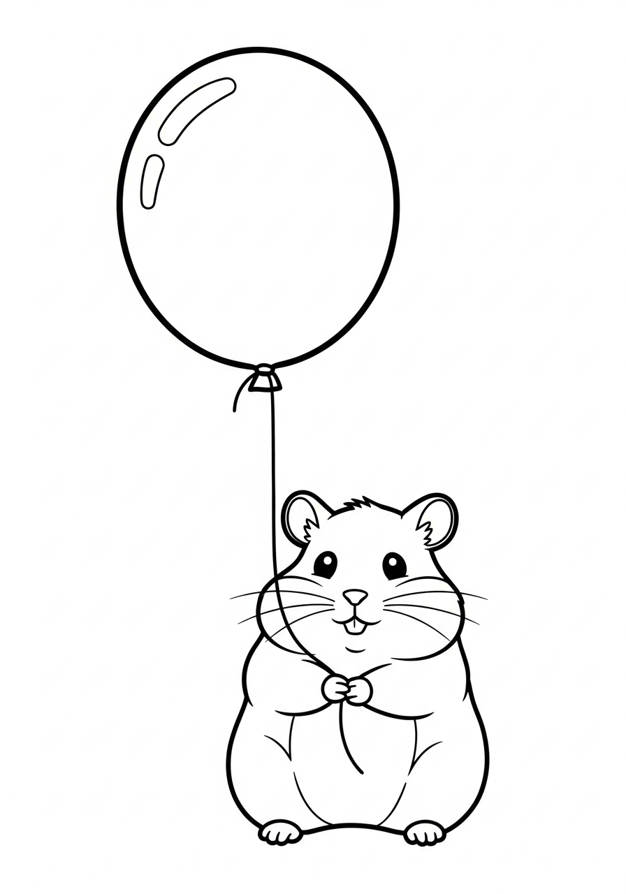 Hamster holding floating party balloon coloring page