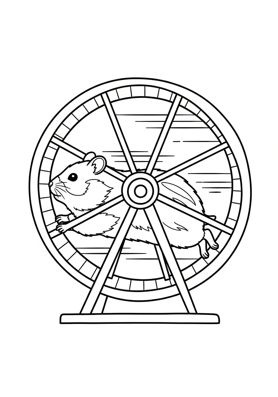 Hamster running in exercise wheel coloring page