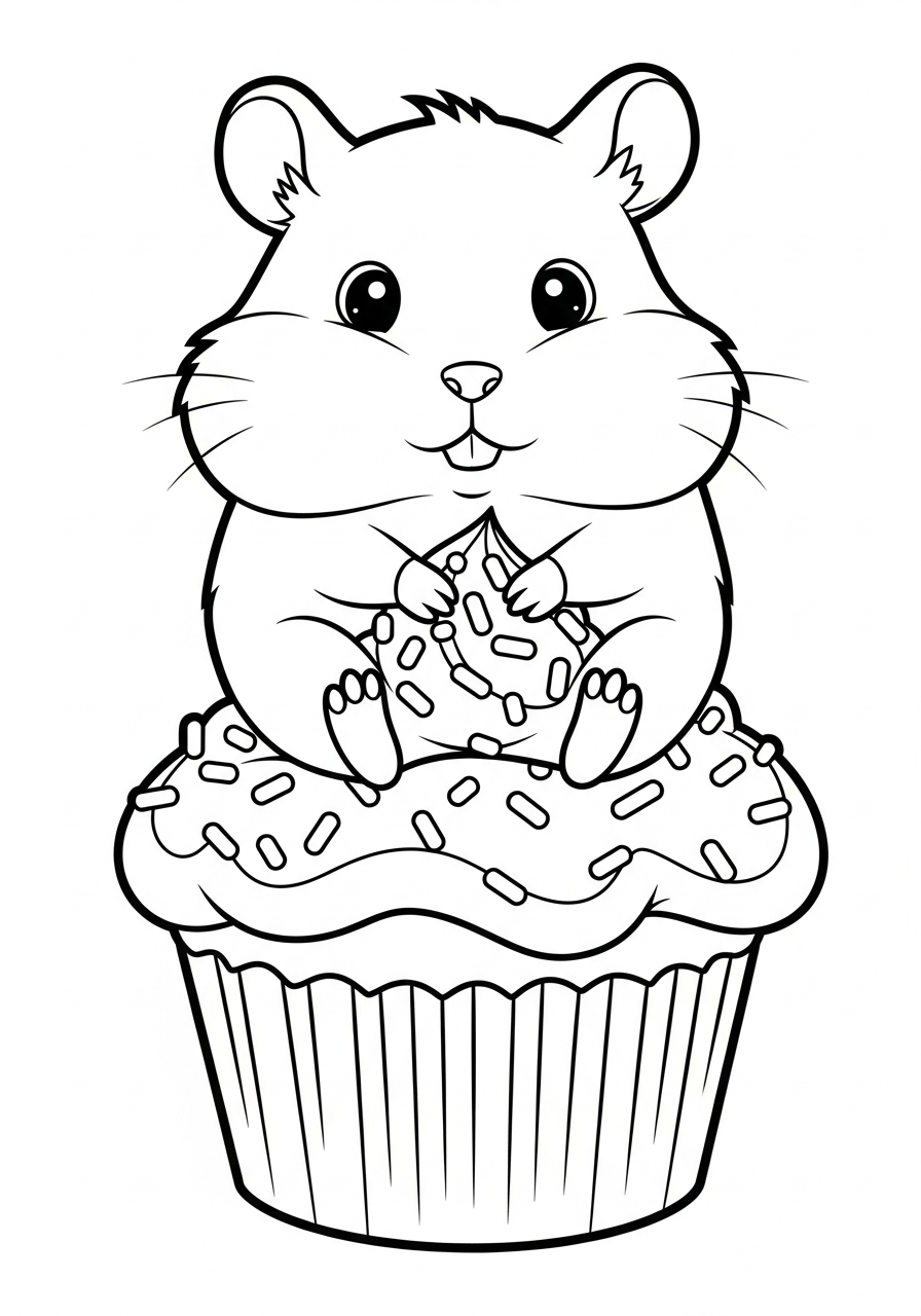 Hamster sitting on sweet cupcake coloring page