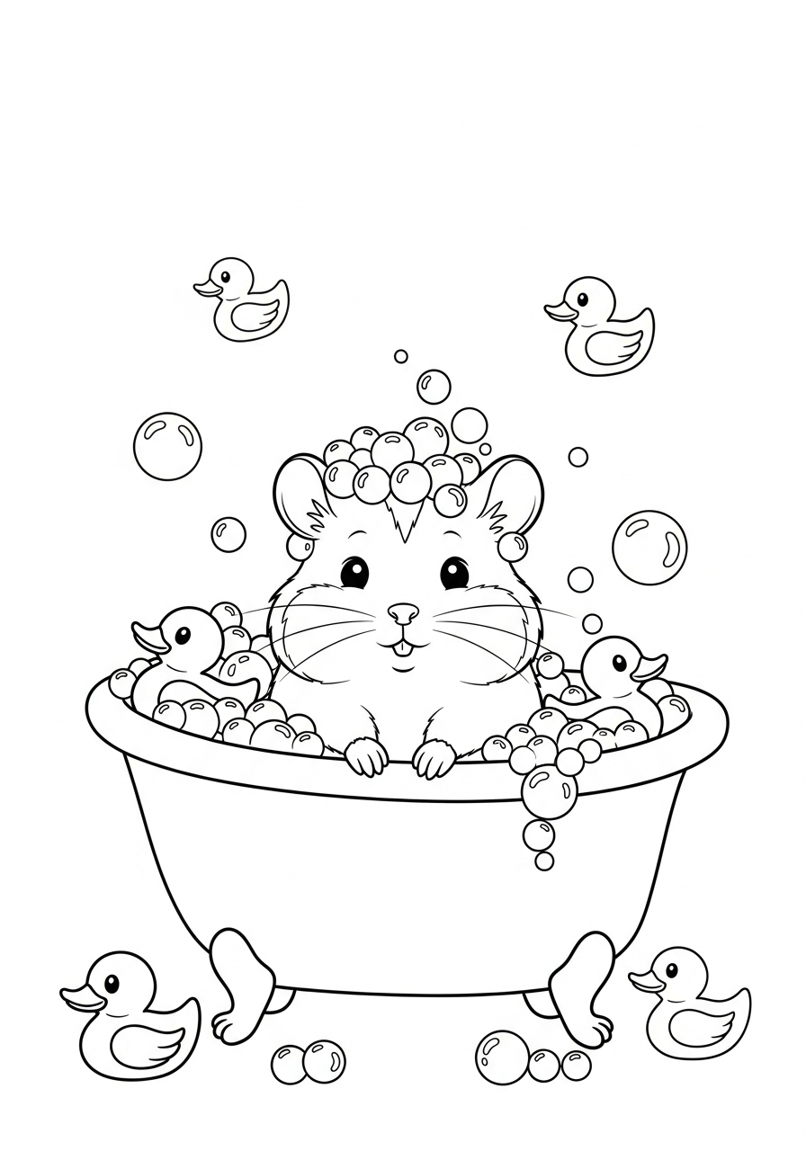 Hamster taking bubble bath tub coloring page