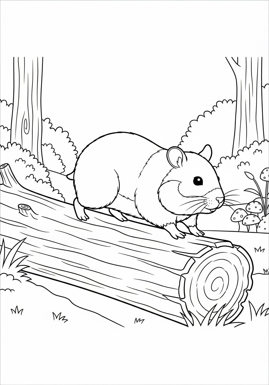 Hamster walking on forest log coloring page