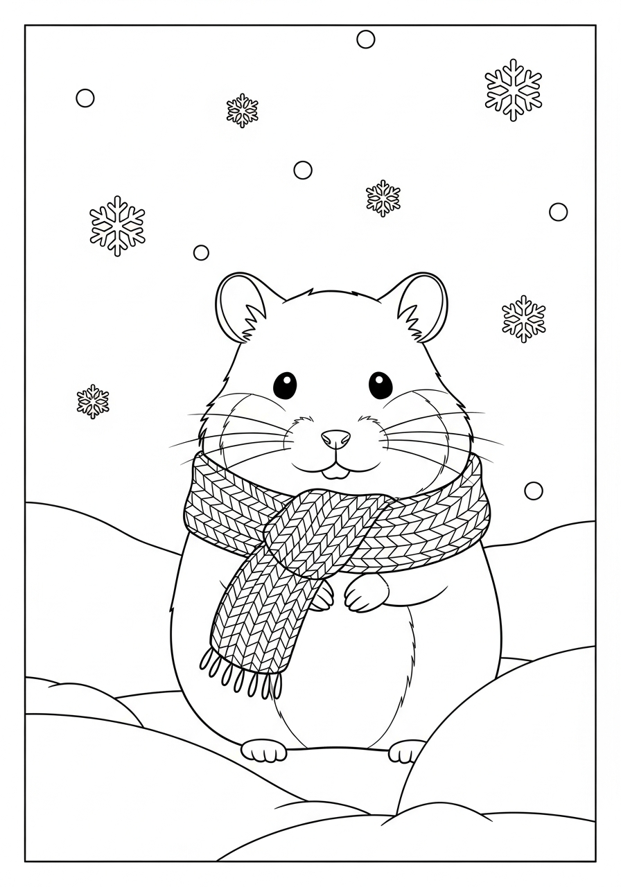 Hamster wearing winter scarf snow coloring page