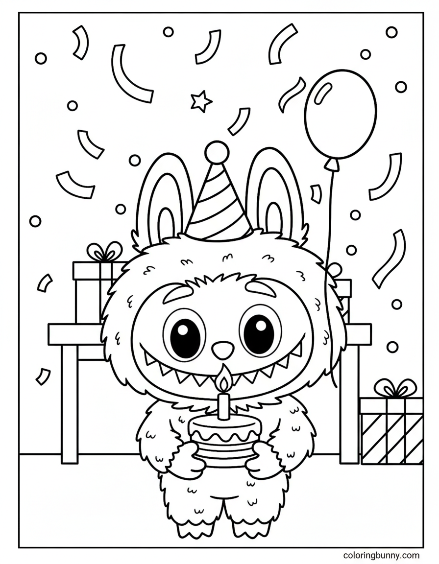 Happy Birthday Labubu holding cake coloring page