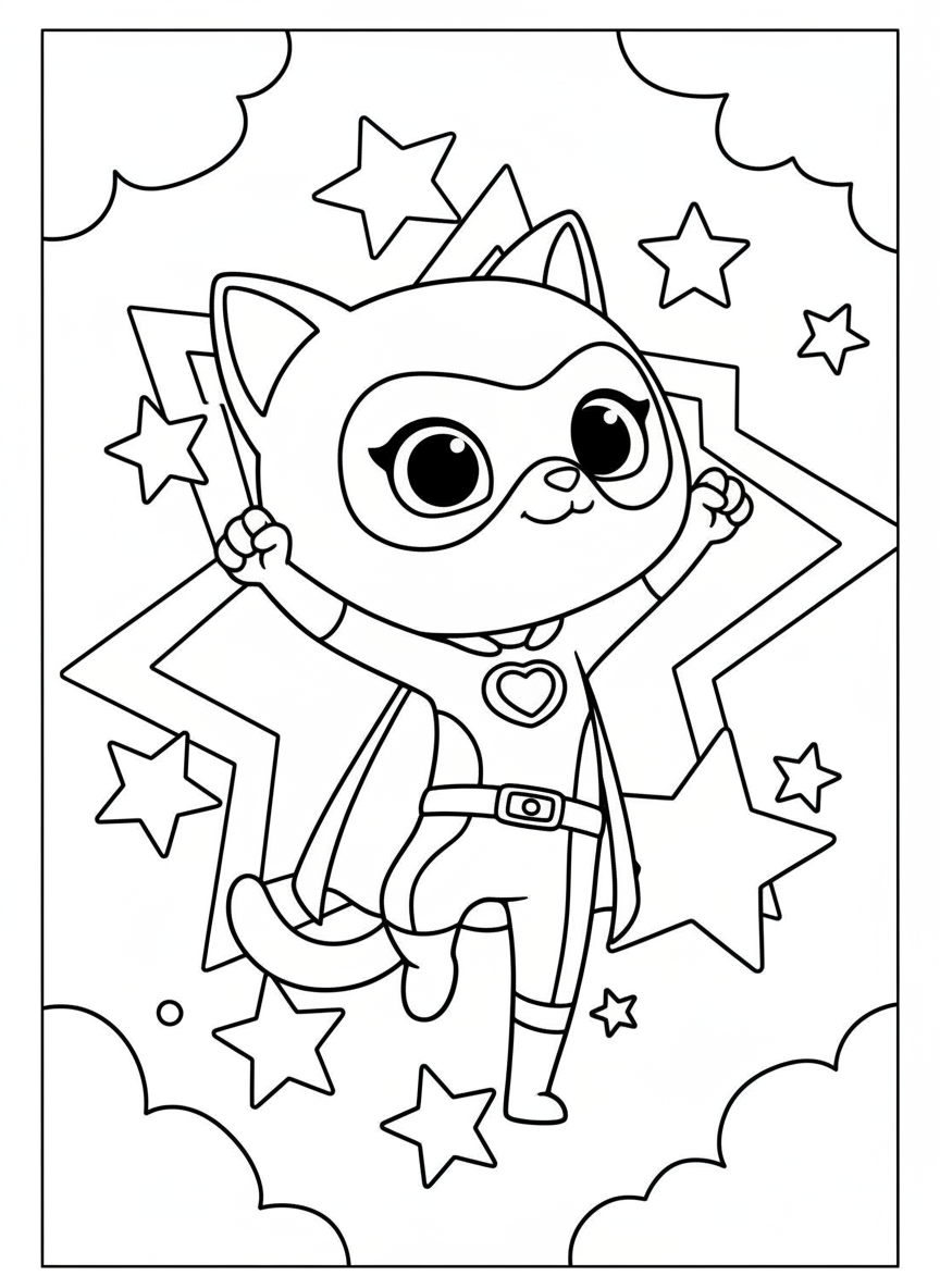 Happy Bitsy jumping stars SuperKitties coloring page