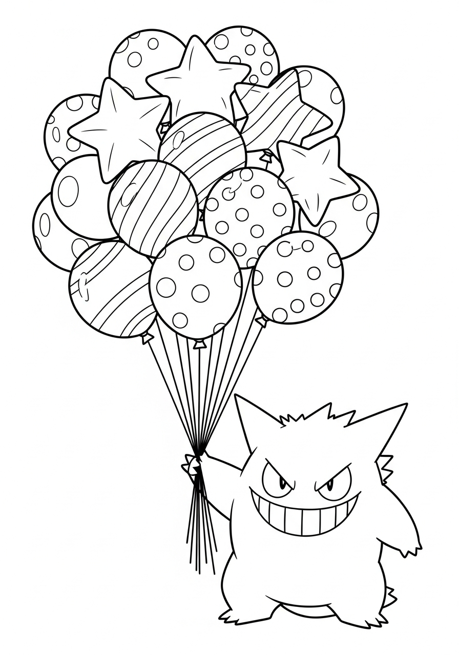 Gengar Coloring Pages 20 Happy Gengar holding balloons coloring page