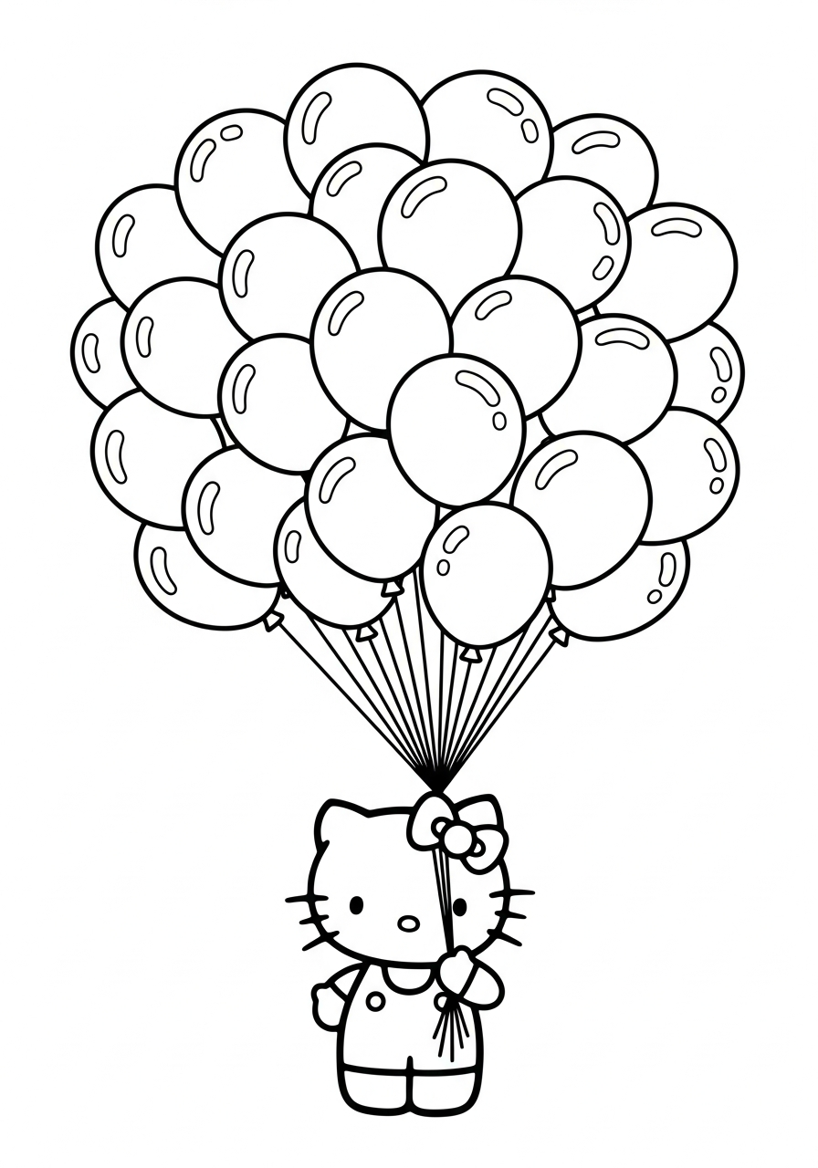 Happy Hello Kitty holding balloons coloring page