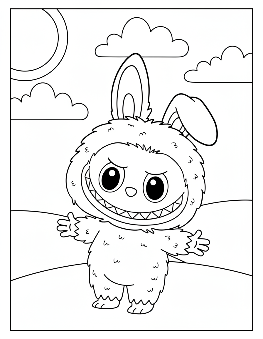 Happy Labubu standing with clouds coloring page