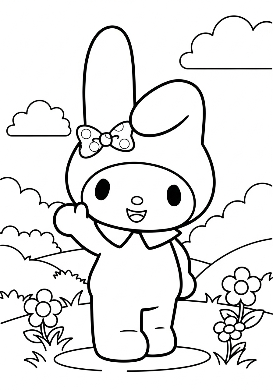 Happy My Melody waving hello coloring page